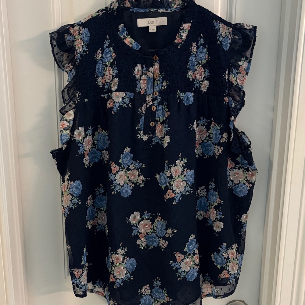 LOFT Navy Floral Smocked Ruffle Sleeve Blouse